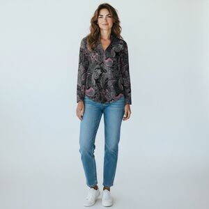 Red Hot V Neck Paisley Black Purple Gray Pink 70s Long Sleeve Blouse size M